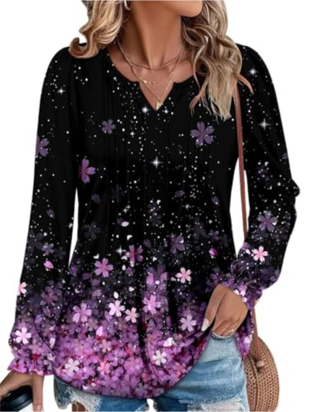 Women's Tunic Top V Neck Puff Long Sleeve Pleated Blouse